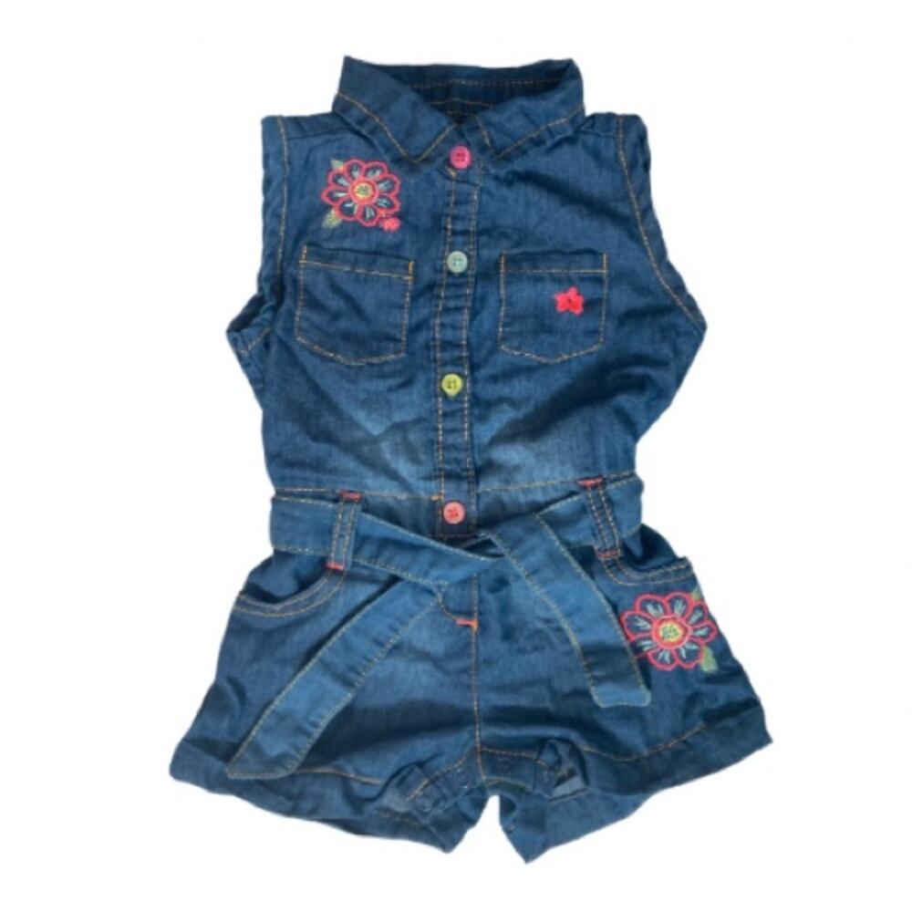 Vintage Y2K Limited Too Chambray Denim Button Neon Embroidered Romper One Piece